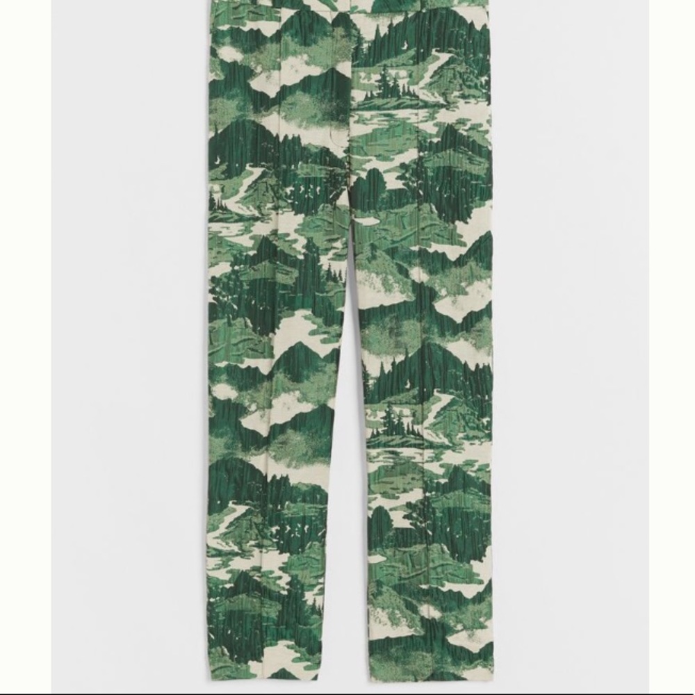 Anthropologie Green and Cream Scenic Print Trousers